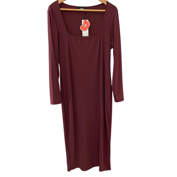 CIDER Solid Square Neck Long Sleeve‎ Ribbed Midi Dress in Wine Size XL - Picture 4 of 10